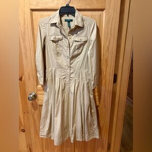 Lauren Ralph Lauren Tan Cotton Safari Utility Pleated Midi Shirtdress Women’s 4